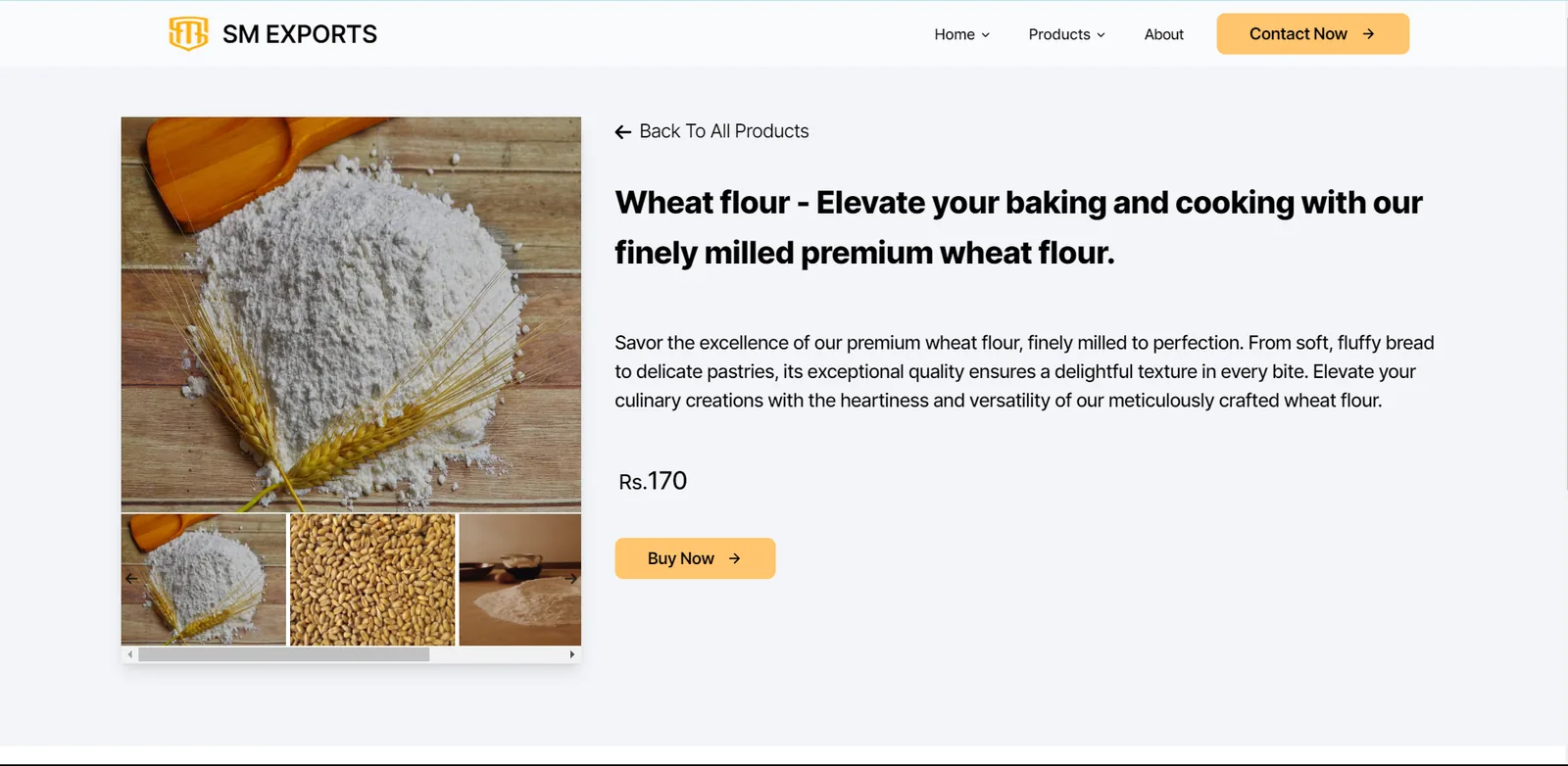 A product page for premium wheat flour, with price and buy action