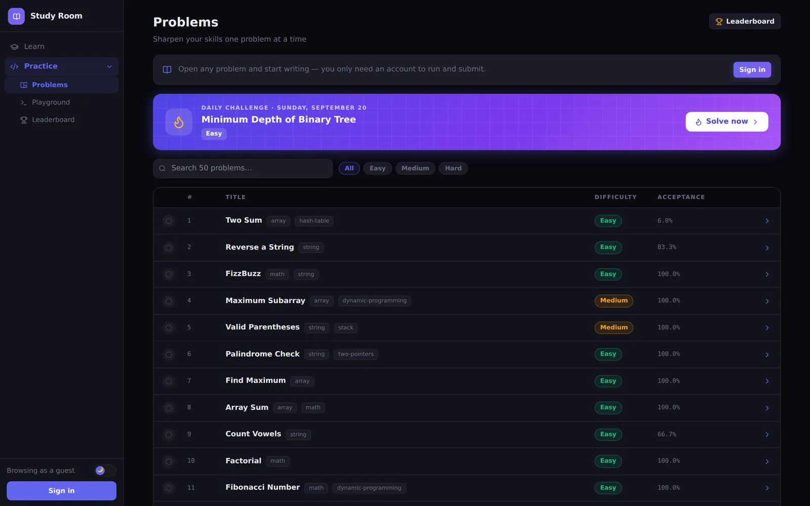 The problem catalogue, with the day's challenge pinned above a difficulty-tagged list